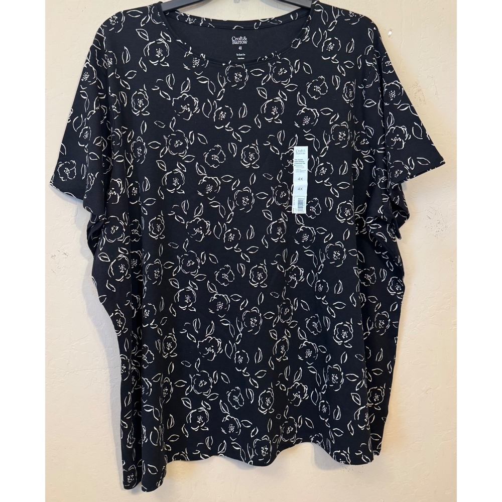 Croft & Barrow T-Shirt Women 4X Black White Floral Classic Tee Short Sleeve NEW